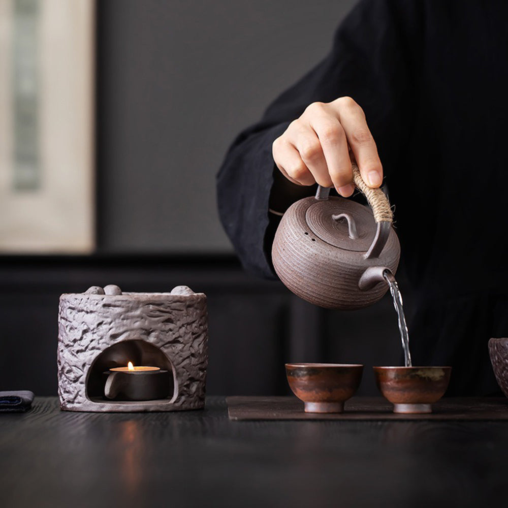 Coarse Pottery Teapot With Candle Warmer