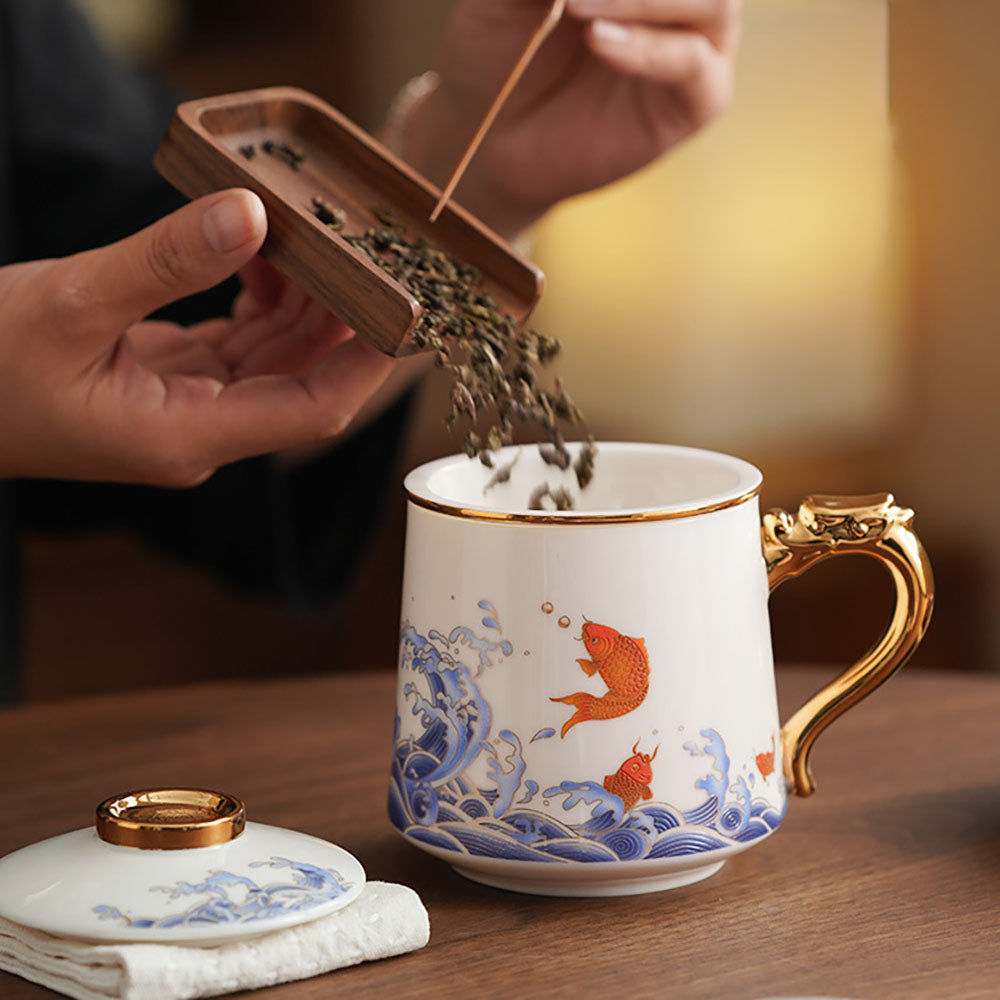 chinesekoi fish lid box porcelain Koi Fish And Sea Wave Jade Porcelain Tea Cup