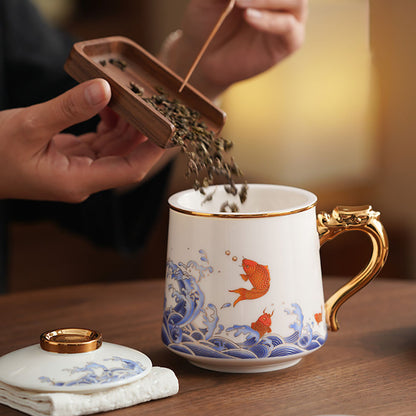 Koi Fish And Sea Wave Jade Porcelain Tea Cup