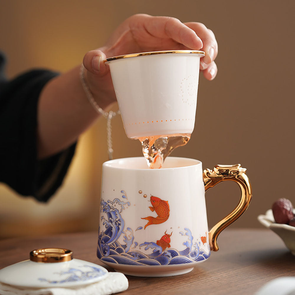 Koi Fish And Sea Wave Jade Porcelain Tea Cup