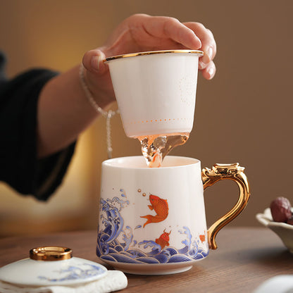 Koi Fish And Sea Wave Jade Porcelain Tea Cup