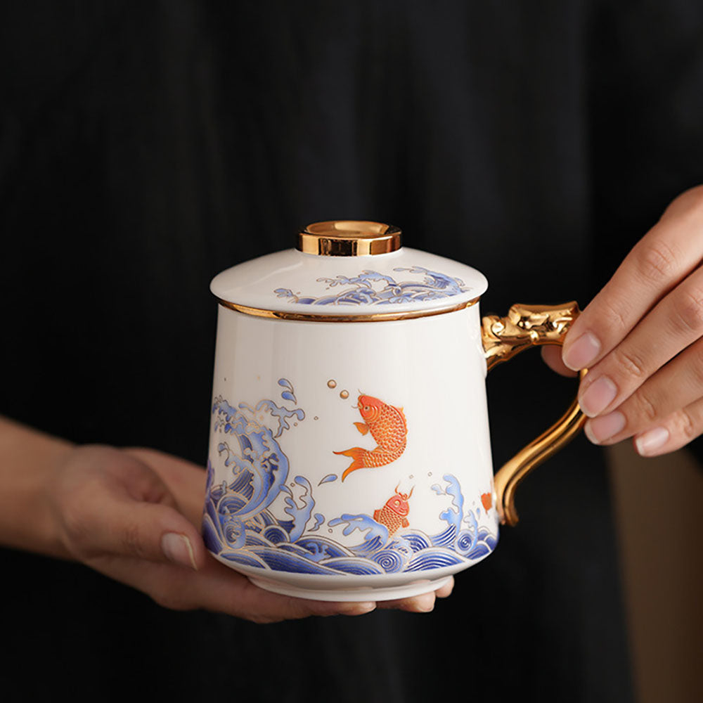 Koi Fish And Sea Wave Jade Porcelain Tea Cup