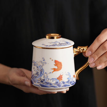 Koi Fish And Sea Wave Jade Porcelain Tea Cup