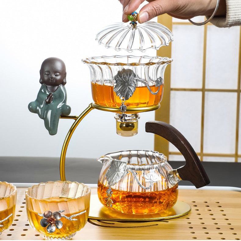 Automatic Glass Tea Set With Sliver Flower