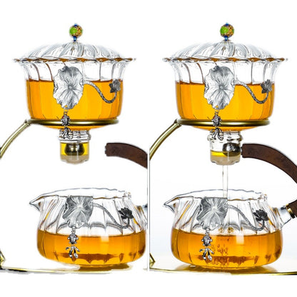 Automatic Glass Tea Set With Sliver Flower