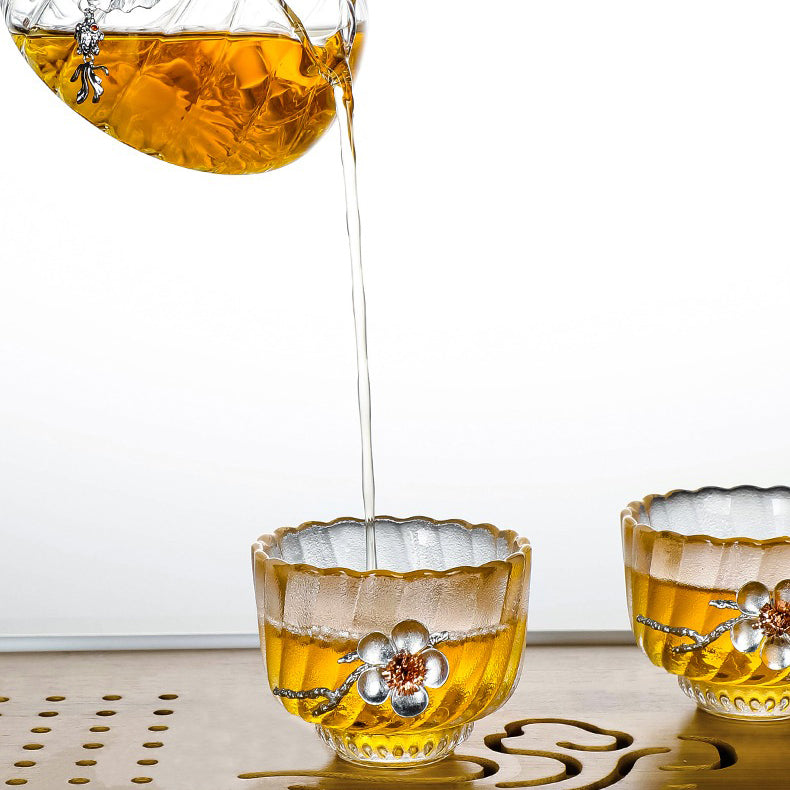 Automatic Glass Tea Set With Sliver Flower