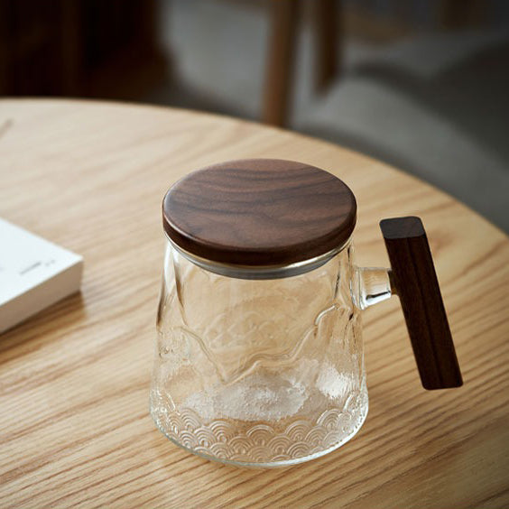 Glass Tea Mug With Wooden Lid And Handle