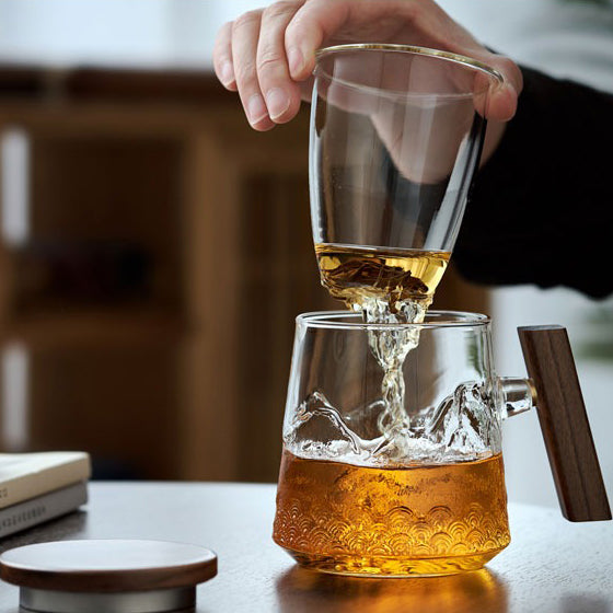 Glass Tea Mug With Wooden Lid And Handle