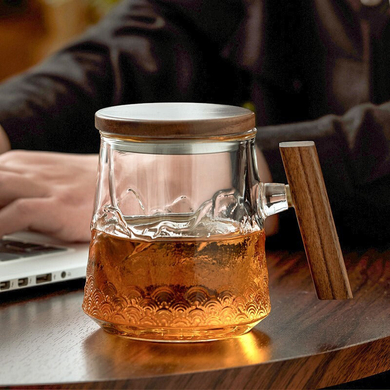 Glass Tea Mug With Wooden Lid And Handle