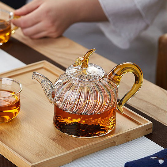 Glass Teapot With Lines And Leaf