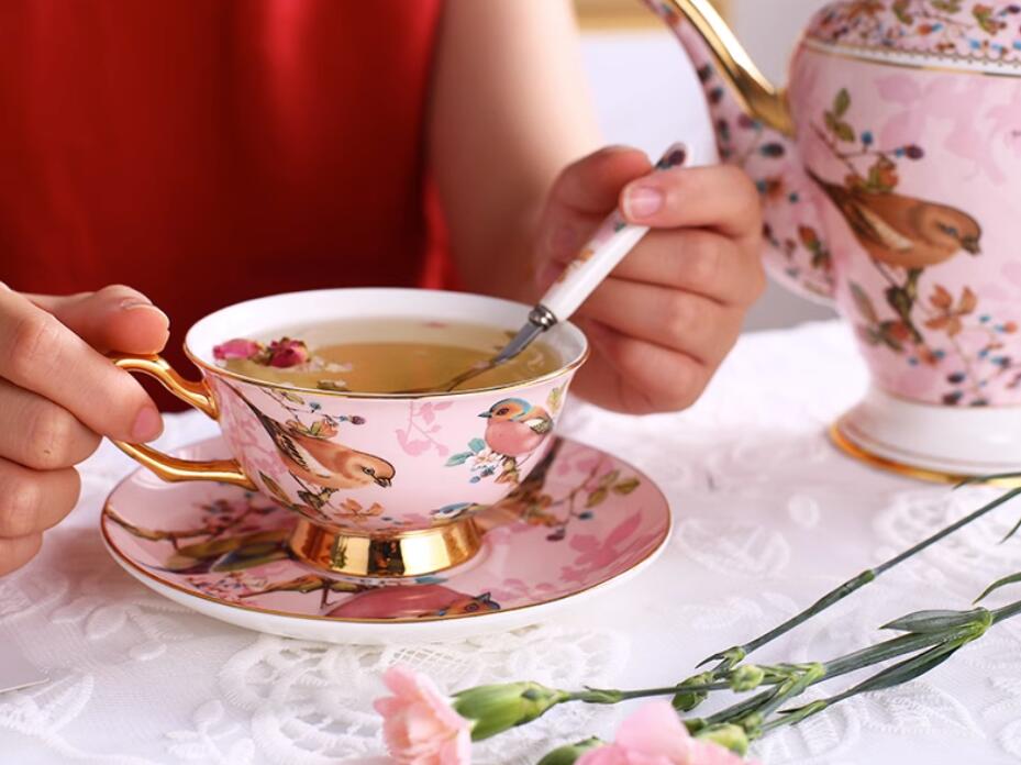 Pink Birds Bone China Tea Set