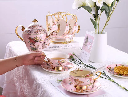 Pink Birds Bone China Tea Set