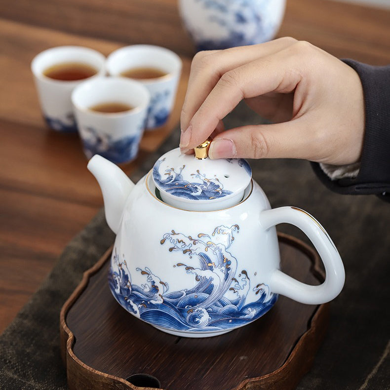 Chinese Sea Wave Teapot With Golden Rims