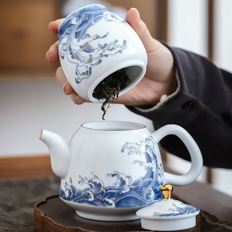 Chinese Sea Wave Teapot With Golden Rims
