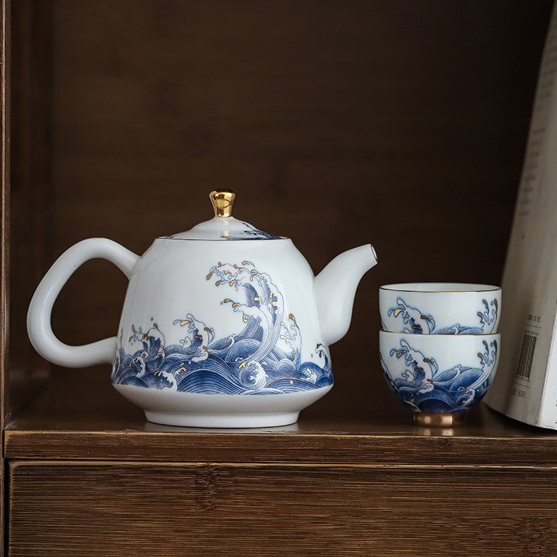 Chinese Sea Wave Teapot With Golden Rims