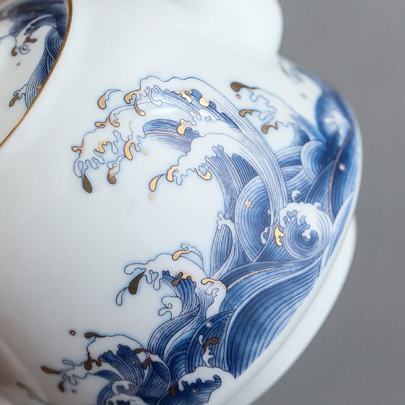 Chinese Sea Wave Teapot With Golden Rims