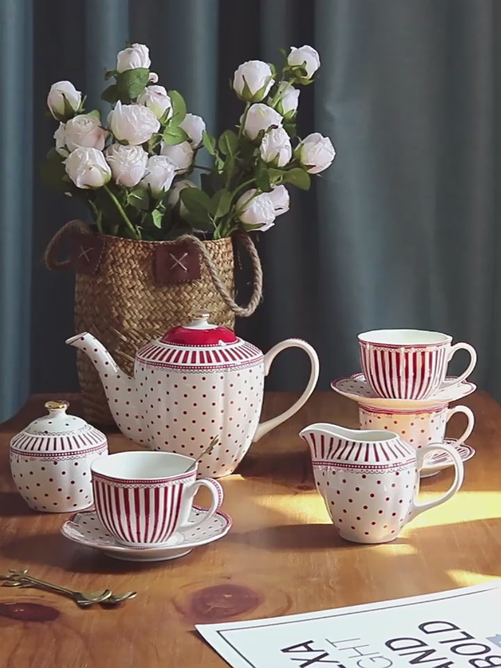 Red Polka Dot &amp; Stripe Ceramic Afternoon Tea Set