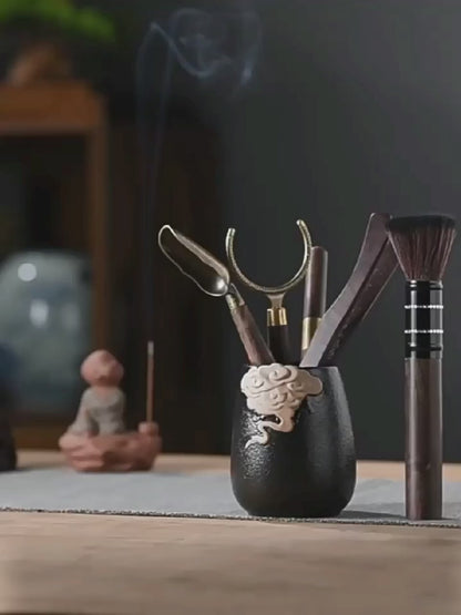 Ebony Tea Utensils Set With Auspicious Clouds Holder