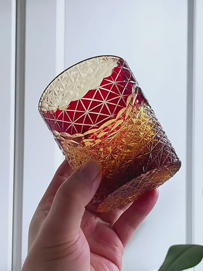 Edo Kiriko Prism Amber Chrysanthemum Whiskey Glass Tea Cup