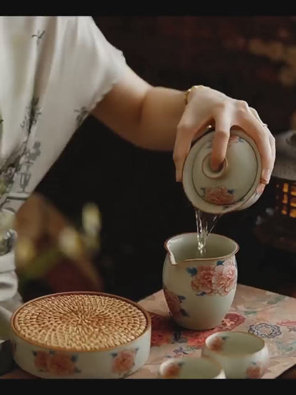 Hibiscus Flower Ruyao Porcelain Gaiwan Set