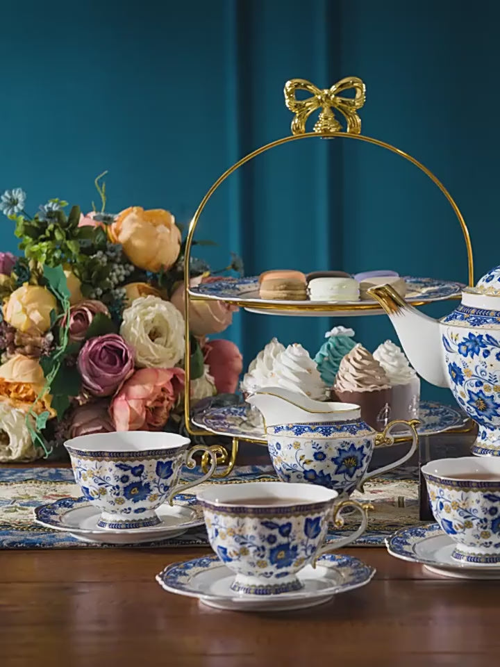 Blue-and-White Enamel Bone China Tea Set