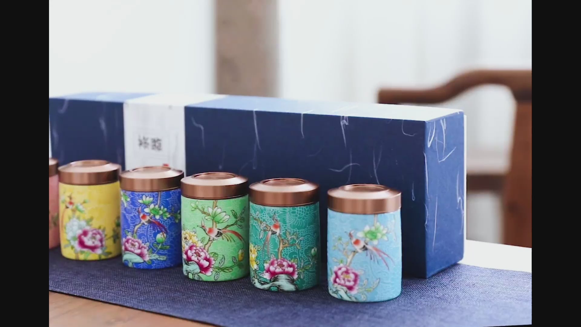 Magpie and Flower Enamel Six Tea Caddies Set