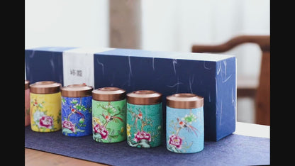 Magpie and Flower Enamel Six Tea Caddies Set