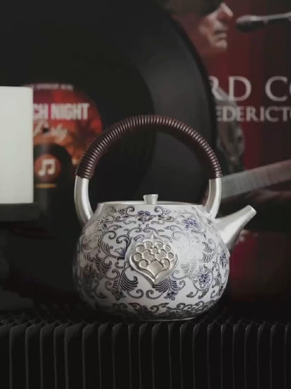 Silver-Gilt Blue And White Porcelain Chinese Teapot