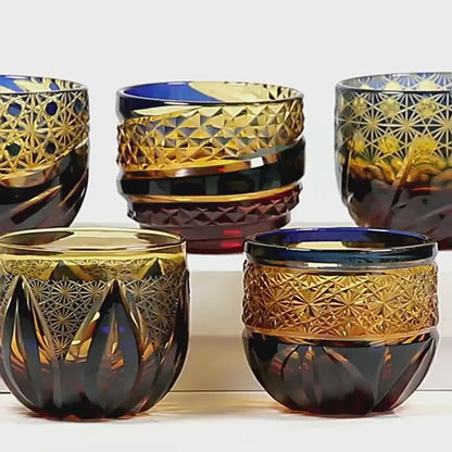 Edo Kiriko Amber Blue Chrysanthemum Whiskey Glass Tea Cup