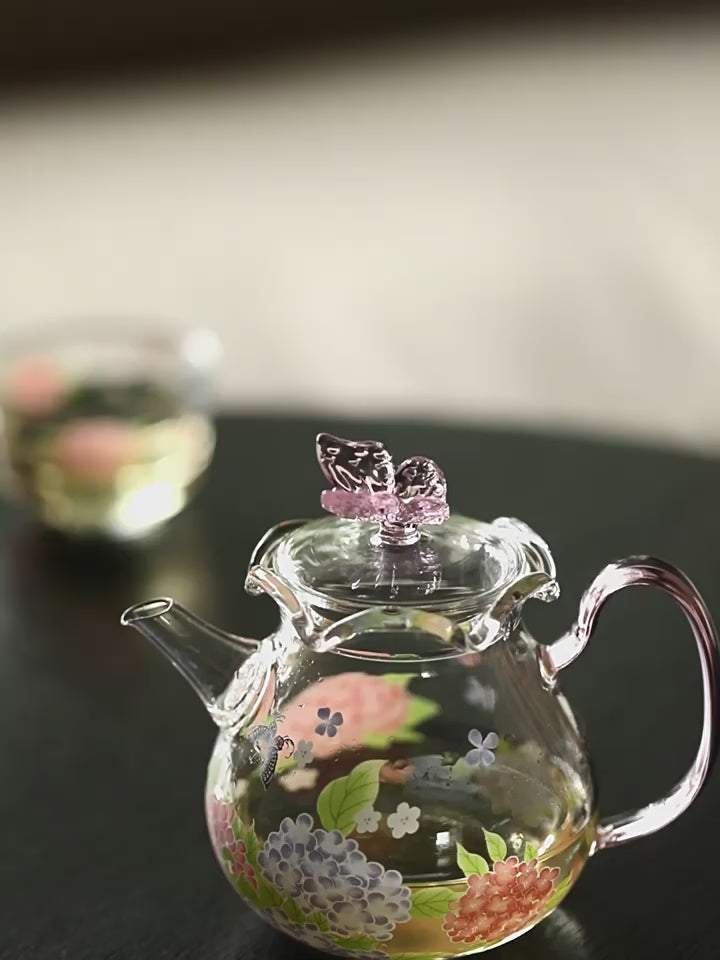 Pink Butterfly And Hydrangea Borosilicate Glass Teapot