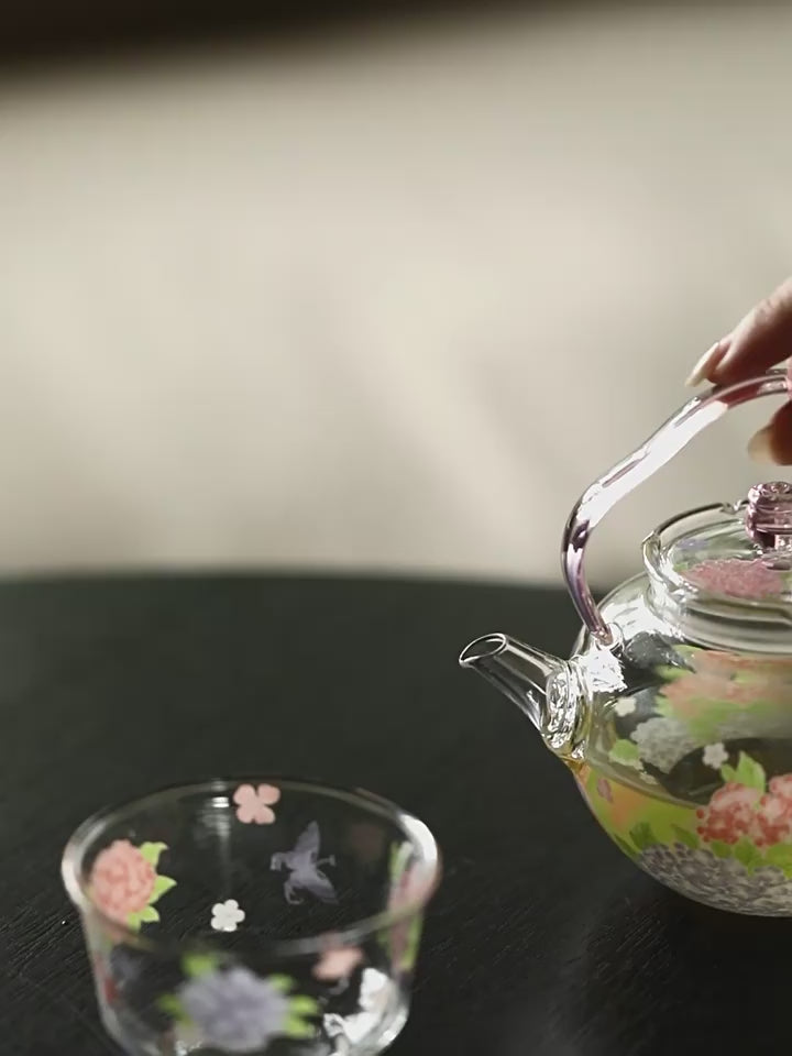 Pink Hydrangea Borosilicate Glass Teapot