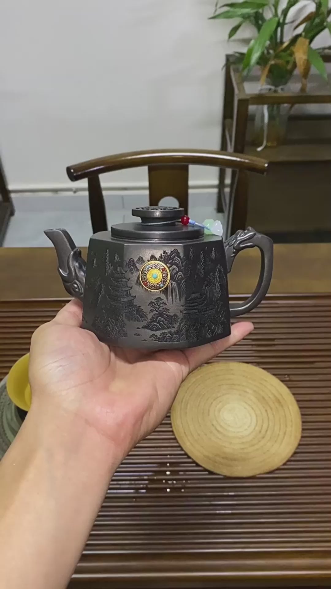 Yixing Stone Yellow Clay Landscape Octagon Teapot