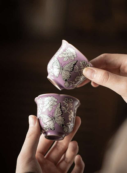 Purple Gilt-Silver Butterfly And Flower Porcelain Gaiwan