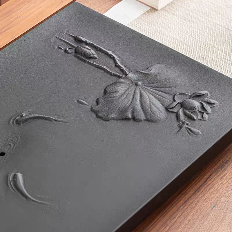Lotus and Fish Black Stone Tea Tray