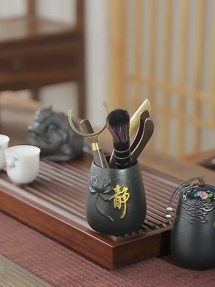 Ebony Tea Utensils Set With Ceramic Lotus Holder