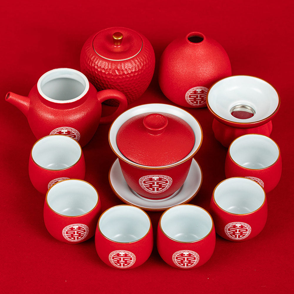 Chinese Double Happiness Red Wedding Tea Set