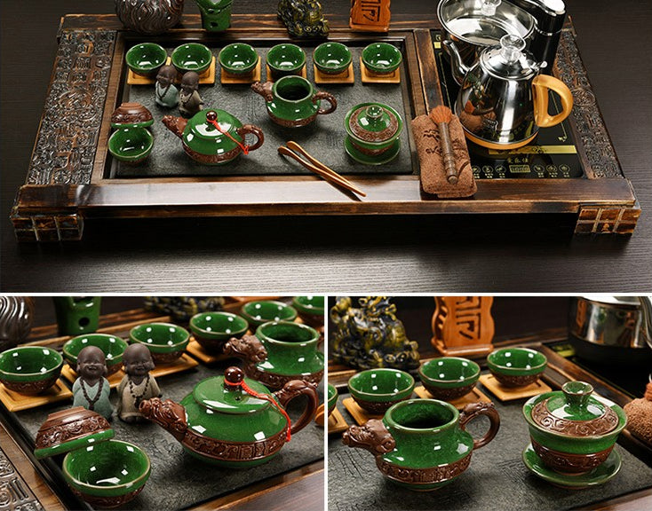 Ice Crack Tea Set With Fire Wood &amp; Stone Tea Tray