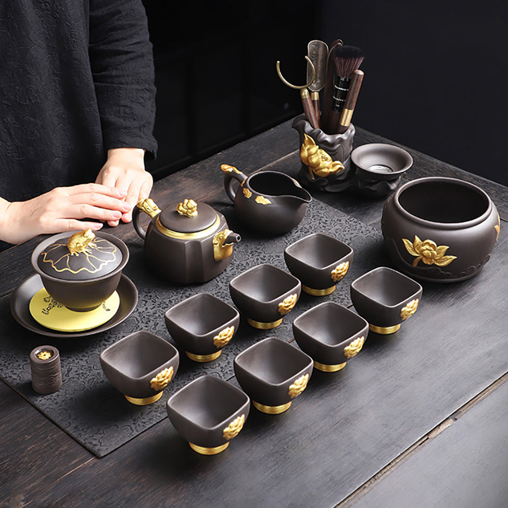 Purple Clay Black Gold Dragon Tea Set