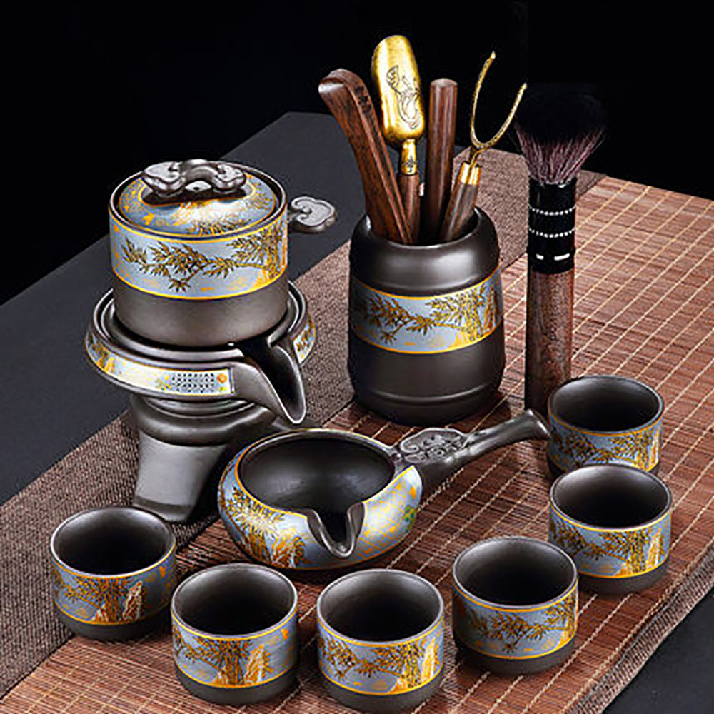 Purple Clay Golden Bamboo Automatic Tea Set