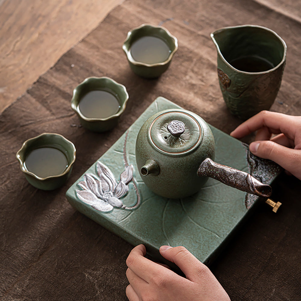 Coarse Pottery Kyusu Lotus Tea Set