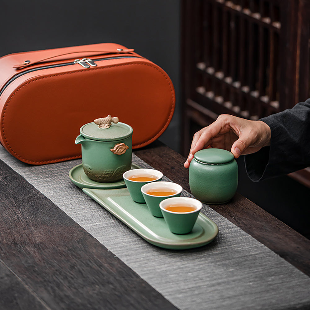Portable Travel Tea set - Handmade Gongfu Tea Set with Tea Can, Teapots,  Teacups, Tea Canister,Tea Tray and Travel Bags (Green)