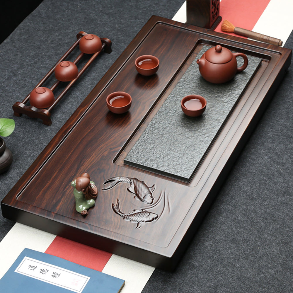 Black Stone And Wood Goldfish Tea Tray