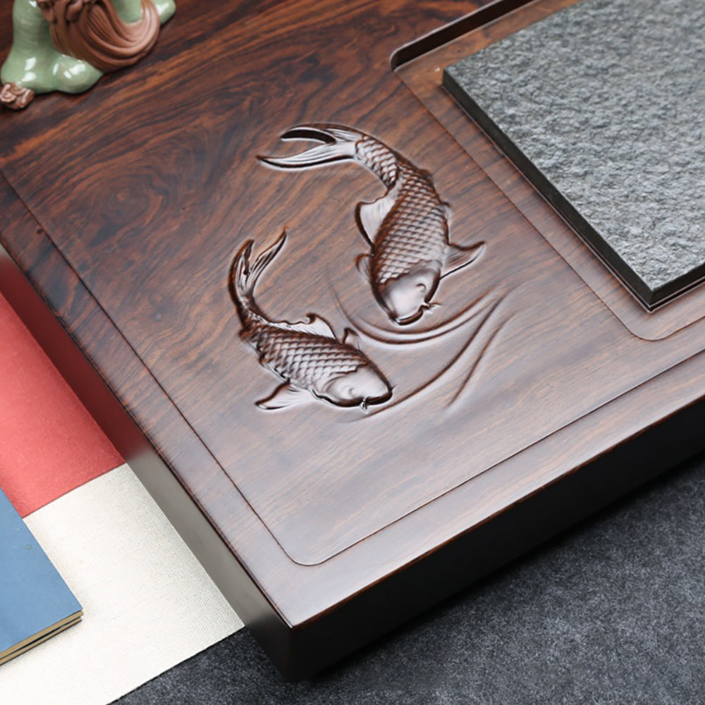 Black Stone And Wood Goldfish Tea Tray