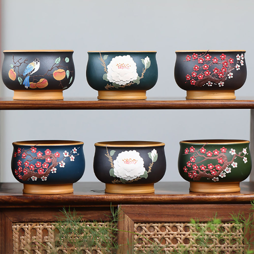 Purple Clay Painting Flower And Bird Gongfu Tea Cup (Set of 6)