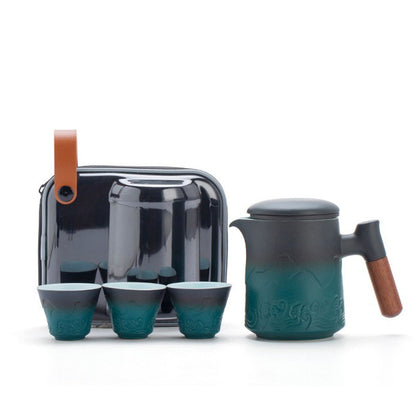 Sea Wave Travel Tea Set With Wooden Handle