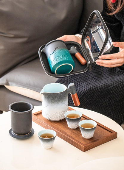 Sea Wave Travel Tea Set With Wooden Handle