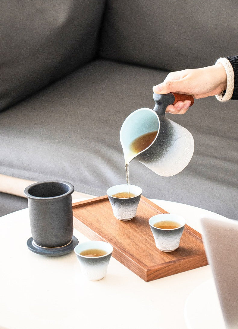 Sea Wave Travel Tea Set With Wooden Handle