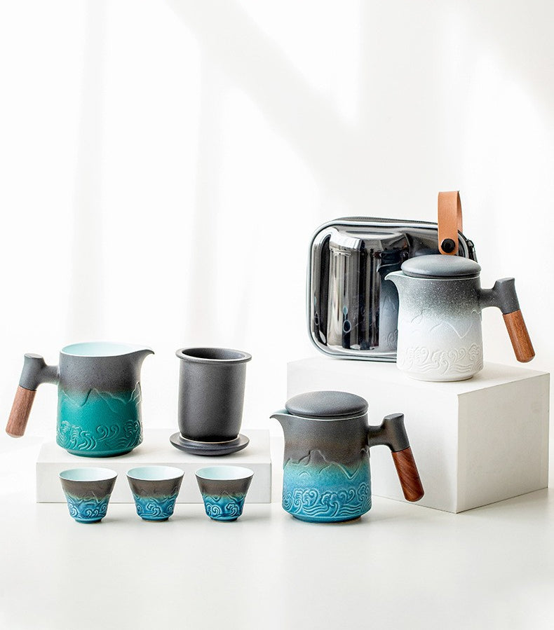 Sea Wave Travel Tea Set With Wooden Handle