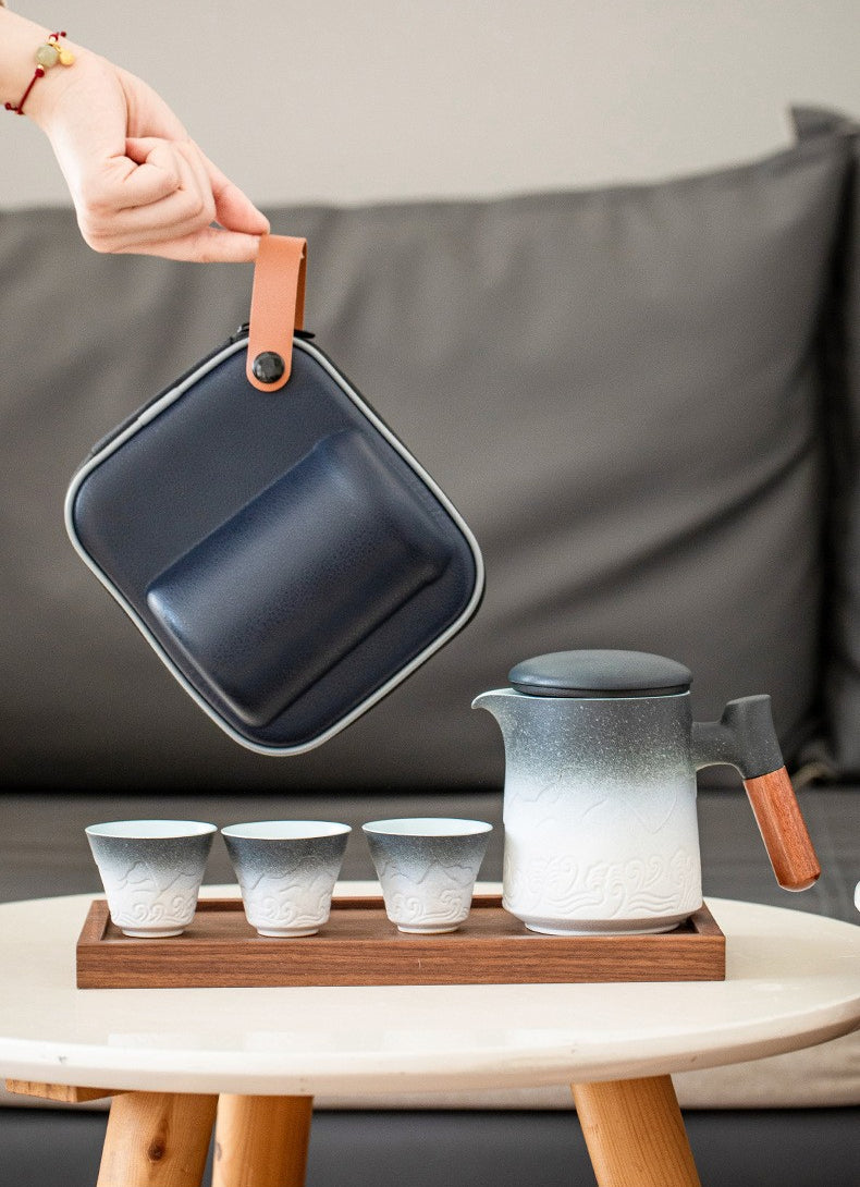 Sea Wave Travel Tea Set With Wooden Handle