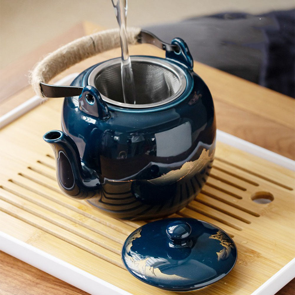 Japanese Blue Landscape Tea Set With Tray